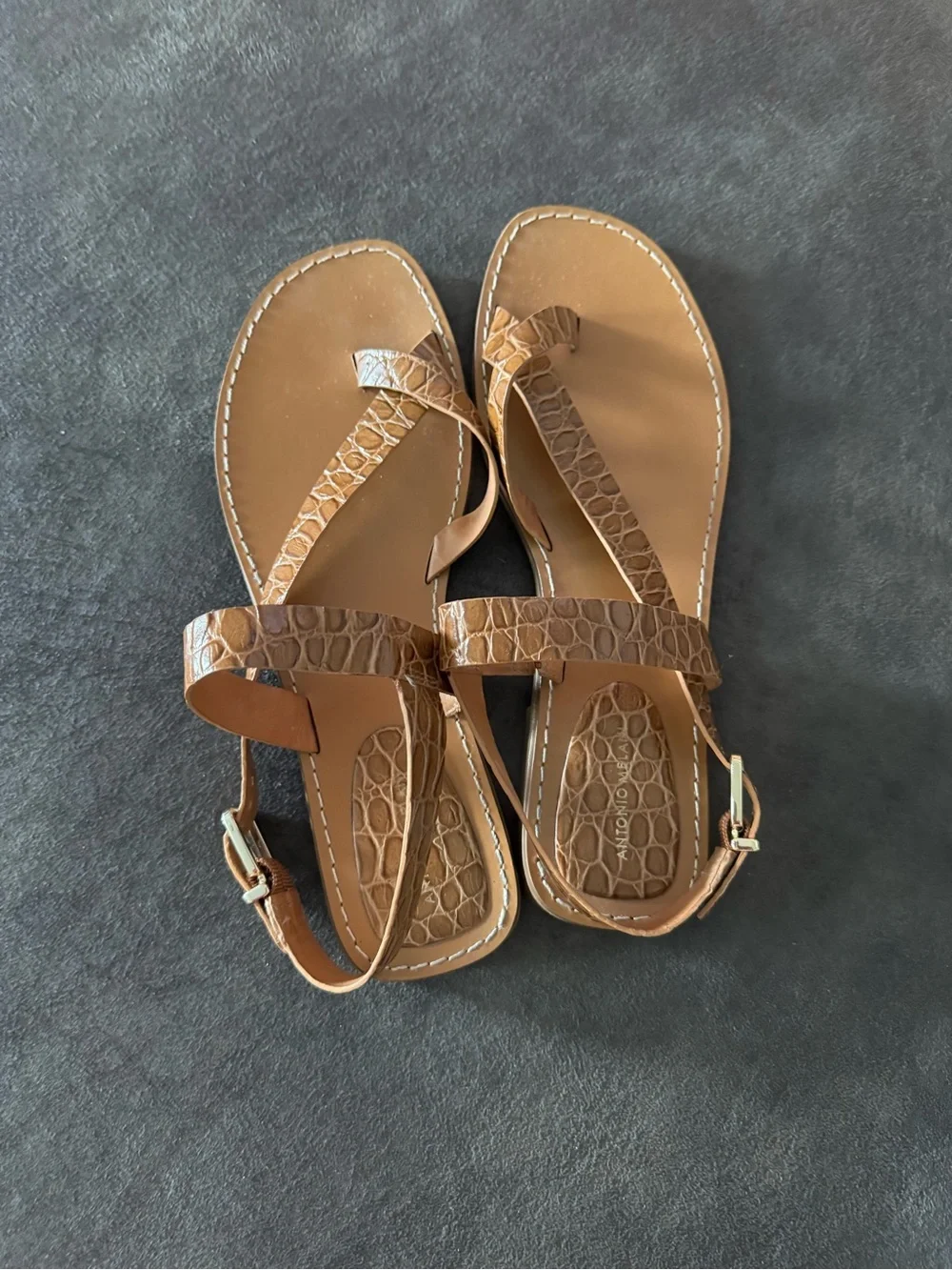 ANTONIO MELANI Brown Croc-Embossed Leather T-Strap Sandals